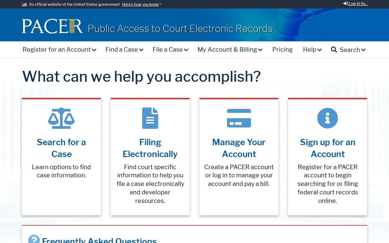 PACER federal court case search and account page
