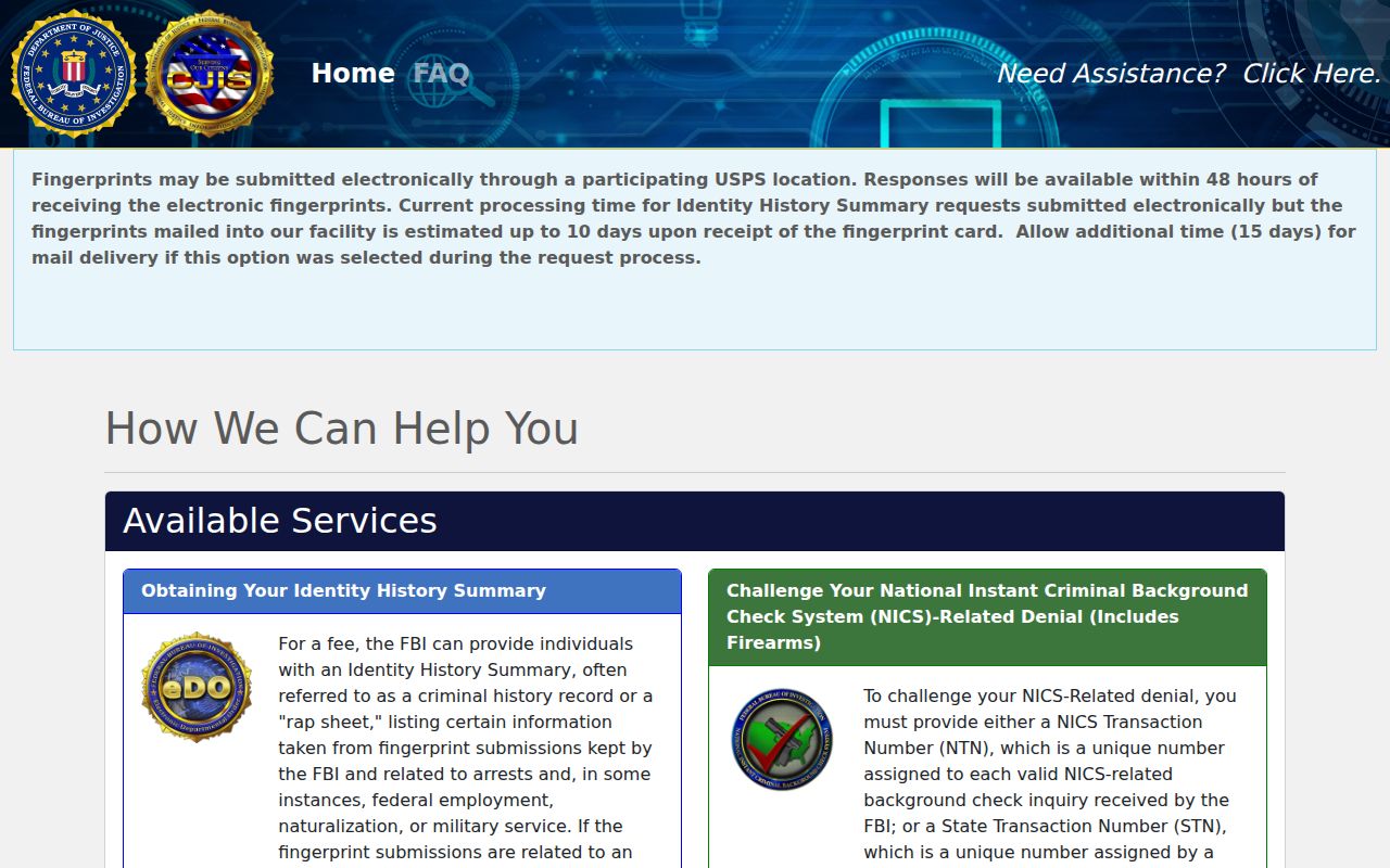 FBI electronic identity history summary self-review portal