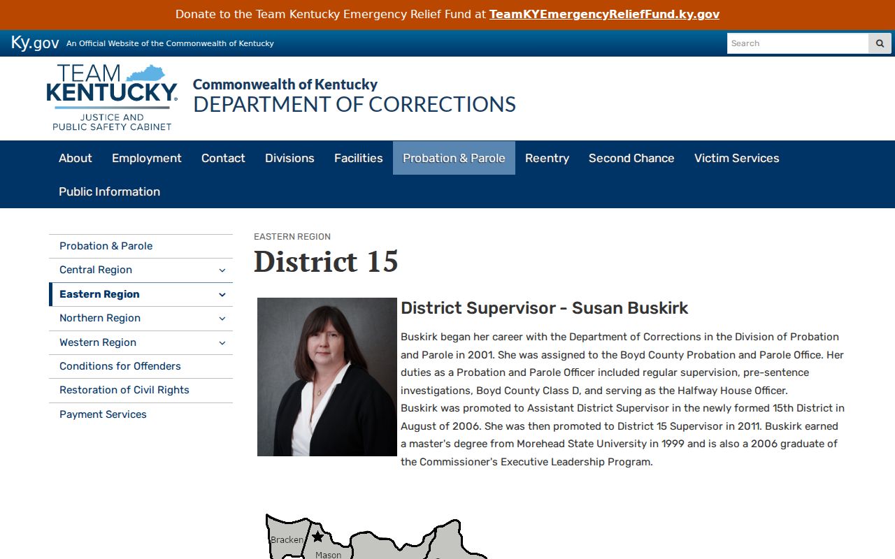 Kentucky corrections District 15 Sandy Hook supervision office information