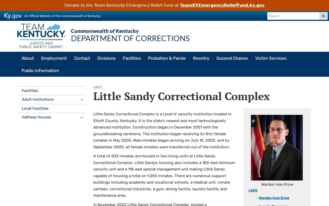 Kentucky corrections Little Sandy Correctional Complex facility page